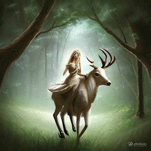 Prompt: “ beautiful elf riding white deer in a forest, digital art, artstation ”