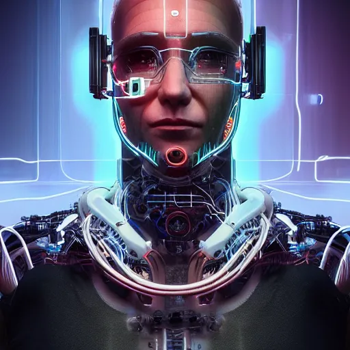 Image similar to a beautiful portrait of a middle - aged bionic male cyborg, cyberpunk, intricate wiring, electronic components, volumetric light, photography, color, intricate, extremely detailed, photorealistic, stunning, unreal engine 5