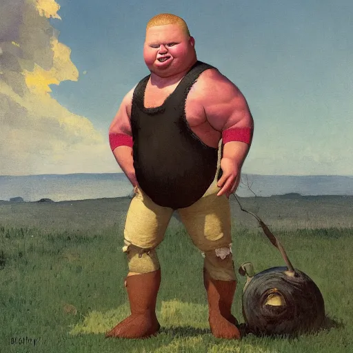 Prompt: portrait bobby hill wearing a shrek the ogre costume head eyes with ripped physique stands atop a skyscraper brad rigney winslow homer greg rutkowski cray-pas