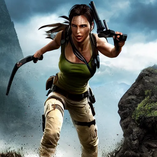 Image similar to lara croft, muddy face, examine diamond in awe, an film still, photorealistic