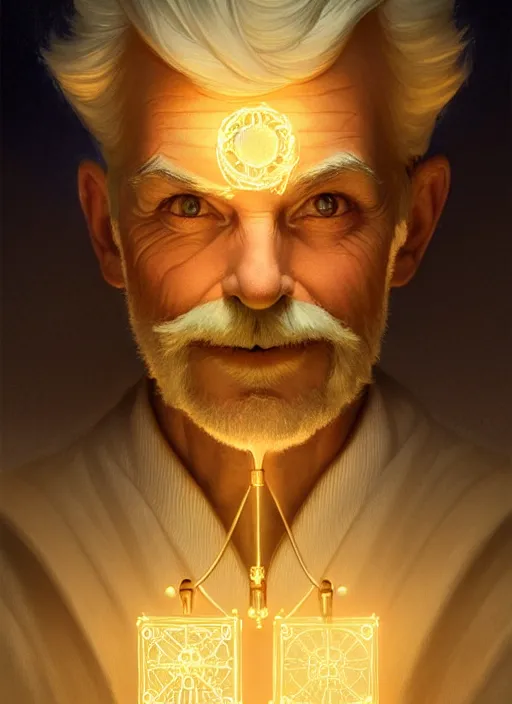 Image similar to symmetry portrait of geppetto from pinocchio, glowing lights, intricate, elegant, highly detailed, digital painting, artstation, concept art, smooth, sharp focus, illustration, art by artgerm and greg rutkowski and alphonse mucha