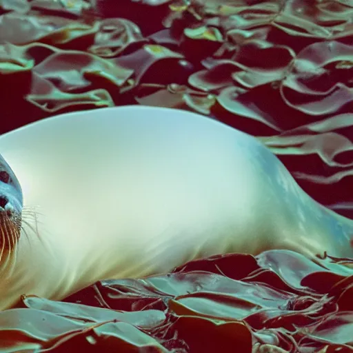 Prompt: A seal sleeping peacefully in a kelp forest, Prince in pastel!!, **cinematic, hyper realistic, detailed, 8k, octane render**.