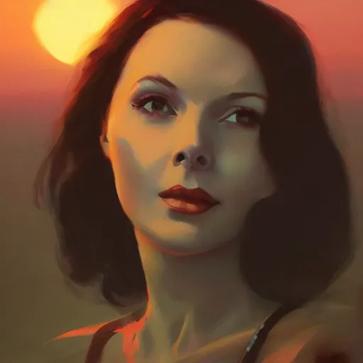 Image similar to a closeup portrait of a young vivian leigh, lake background, gorgeous view, sunset, film noir, serene, depth, by greg rutkowski, digital art, trending on artstation