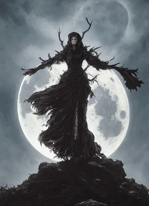 Image similar to portrait, A witch in front of the full big moon, dramatic lighting, cinematic, establishing shot, extremly high detail, foto realistic, cinematic lighting, by Yoshitaka Amano, Ruan Jia, Kentaro Miura, Artgerm, post processed, concept art, artstation, matte painting, style by eddie mendoza, raphael lacoste, alex ross