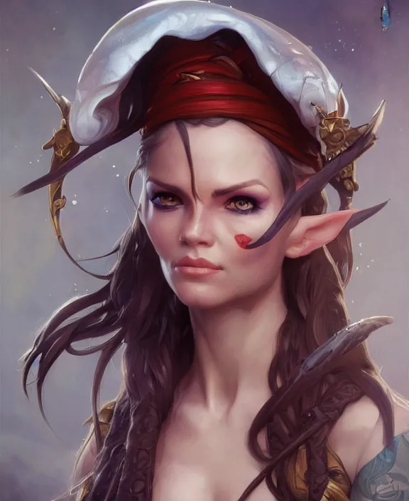 Image similar to elf woman pirate, realistic portrait, highly detailed, digital painting, artstation, concept art, smooth, sharp focus, illustration, cinematic lighting, art by artgerm and greg rutkowski and alphonse mucha and boris vallejo and frank frazetta