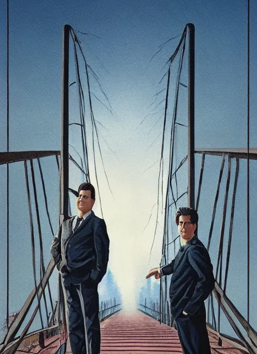 Image similar to dale cooper standing on a thin bridge, twin peaks poster art, from scene from twin peaks, by michael whelan, artgerm, retro, nostalgic, old fashioned, 1 9 8 0 s teen horror novel cover, book