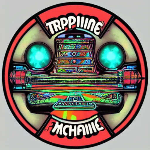 Prompt: sticker of a rock band, name is tripmachine, on the sticker is a 3 d render of a huge futuristic steampunk machine, 8 k, fluorescent colors, halluzinogenic, multicolored, exaggerated detailed, silk screen art