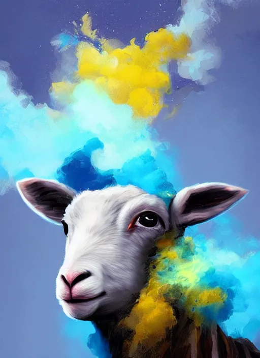 Prompt: a painting of a lamb's face with blue and yellow smoke coming out of, a digital painting by petros afshar, behance contest winner, digital art, behance hd, digital illustration, digital painting