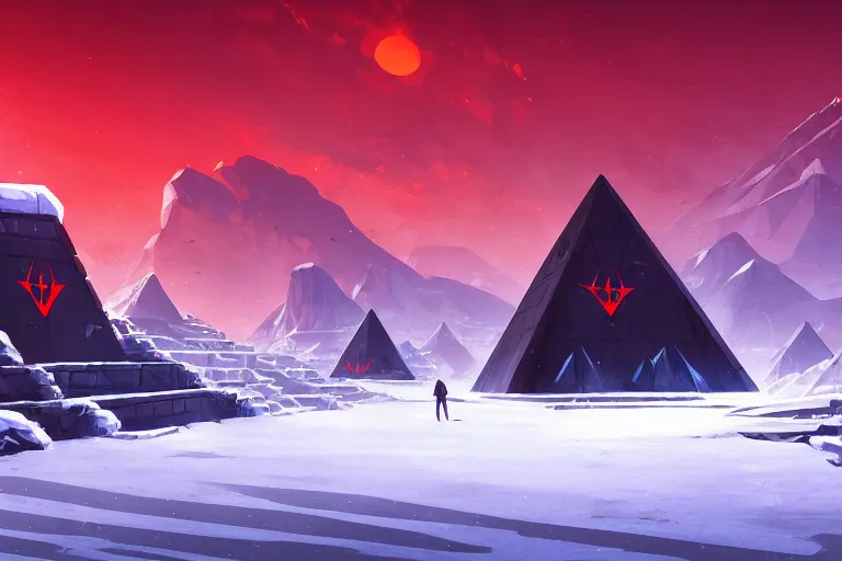 Prompt: concept art painting of an evil empires capital city with large black obsidian pyramid!! on the top of a snowy!! mountaintop!!, nightime, red lightning!!, dynamic lighting, vibrant, realistic, detailed, cel shaded, in the style of makoto shinkai and greg rutkowski and james gurney