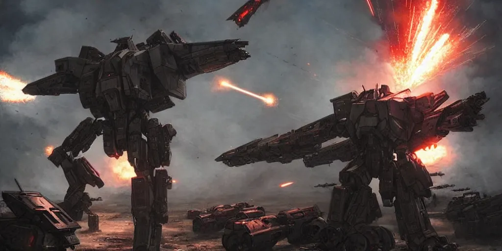 Image similar to an armored core v on the ground, booster flares, legs, laser rifles, karst landscape ; cinematic contrast, dynamic backlighting, sharp edge, motion blur, art by greg rutkowski