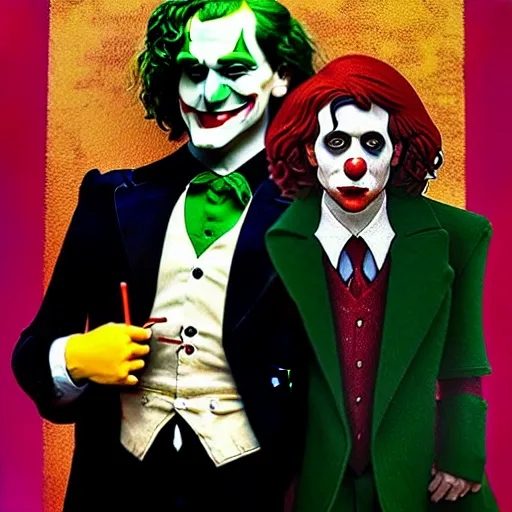 Image similar to ilya yefimovich repin and mimmo rottela and banksy as joaquin phoenix skinny joker!!, holding lady gaga harley queen hand!!, ultra photorealistic, intricate details, pop art style, concept art, confident posse, justify content center, 2 colours, warm color, 4 k, 4 d, ultra smooth, sharp focus