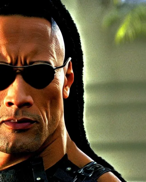 Image similar to film still close up shot of dwayne johnson as morpheus from the movie the matrix. photographic, photography