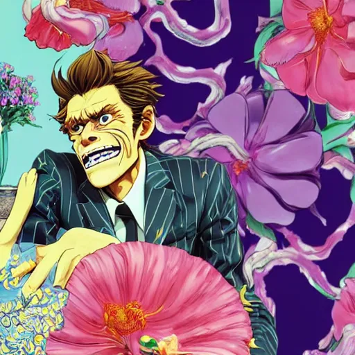 Image similar to willem dafoe, grinning, wearing a suit, posing, portrait surrounded by hibiscus flowers, jojo cover art, jojo anime style, david production, style of vento aureo cover art, style of stone ocean cover art, style of steel ball run cover art, style of jojolion cover art, ilya kuvshinov style, illustrated by hirohiko araki