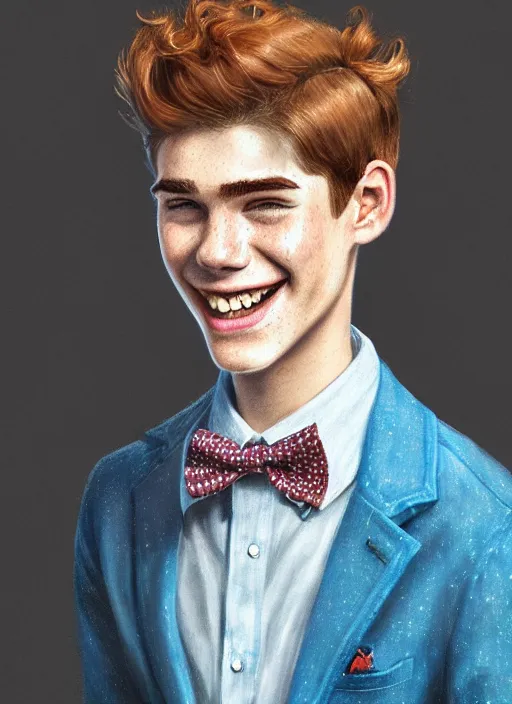 Image similar to portrait of teenage archie andrews, freckles, curly middle part haircut, curly hair, middle part hairstyle, smiling kindly, wearing a bowtie and sweater vest, intricate, elegant, glowing lights, highly detailed, digital painting, artstation, concept art, smooth, sharp focus, illustration, art by wlop, mars ravelo and greg rutkowski