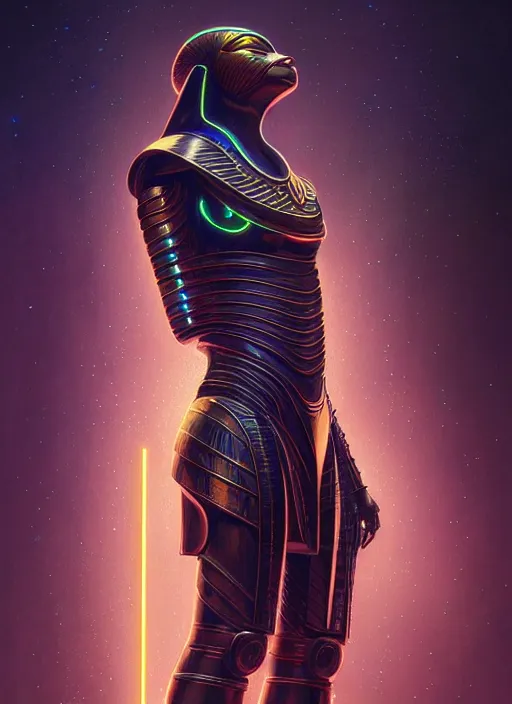 Prompt: portrait of egyptian god Horus, sci-fi armour, tech wear, glowing lights!! sci-fi, intricate, elegant, highly detailed, digital painting, artstation, concept art, smooth, sharp focus, illustration, art by artgerm and greg rutkowski and alphonse mucha