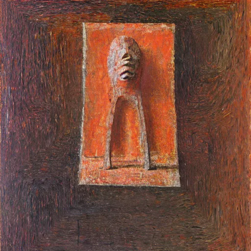 Prompt: a detailed, impasto painting by shaun tan and louise bourgeois of an abstract, forgotten sculpture by ivan seal and the caretaker