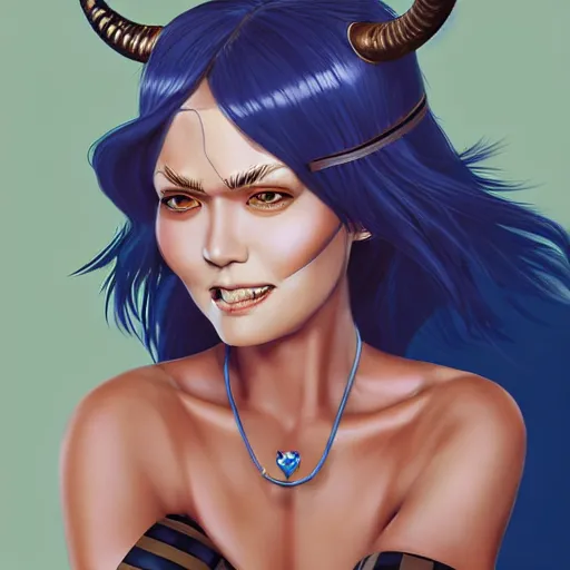 Image similar to illustrated realistic portrait of ram-horned devil woman with blue bob hairstyle and her tan colored skin and with solid black eyes wearing leather by rossdraws