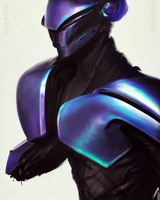 Image similar to character concept of iridescent sinewy smooth muscular male sleek glossy indigo black pearlescent scifi armor with smooth black flat featureless helmet, by greg rutkowski, mark brookes, jim burns, tom bagshaw, magali villeneuve, trending on artstation