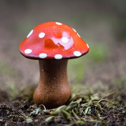 Prompt: anthropomorphic mushroom figurine, macro photo