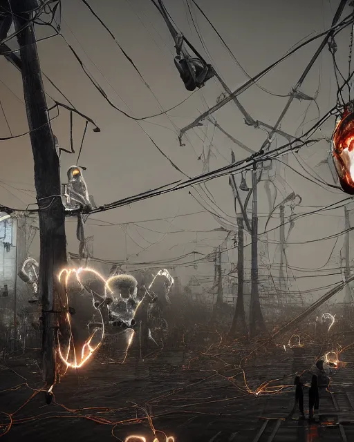 Prompt: a dramatic shot people looking at a giant fat biomechanical cocoon made of bones and cables with cyber muscles and pale skin hanging from the powerlines in a suburb during a foggy day with a flock of birds in the sky, trending on artstation