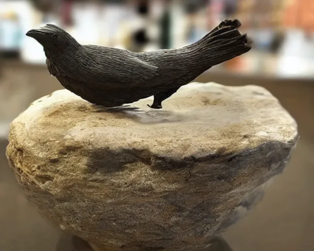 Prompt: a rock table that's holding an ancient effigy of a raven clay sculpture, photograph, zoomed out, trending on tumblr