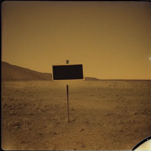 Image similar to a slot machine in the distance in the middle of a desert at night, very dark, dark lighting, old polaroid, damaged film, expired film, slightly blurry, liminal space, surreal,