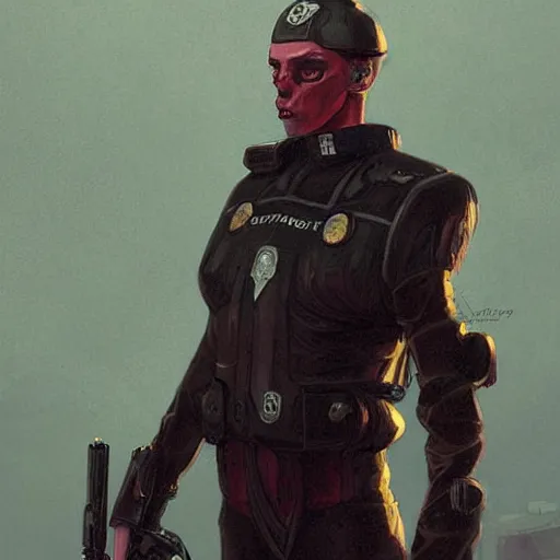 Image similar to portrait of rubbery, gaunt albino mutant with moist skin, sharp features, large lips, huge black eyes and determined expression, wearing fascist Byzantine police uniform and standing on cyberpunk docks, Dune concept art by Anato Finnstark, Alphonse Mucha, and Greg Rutkowski