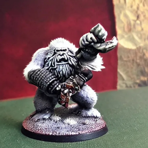 Image similar to warhammer miniature of a yeti holding a blood bowl ball