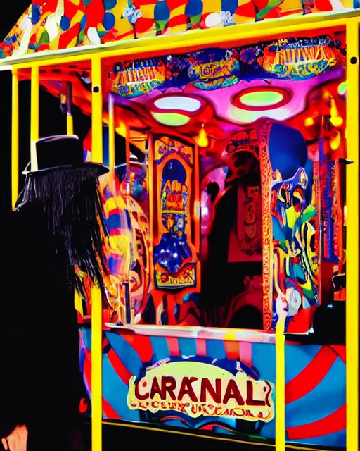 Prompt: faceless carnival employee, by Yohji Yamamoto