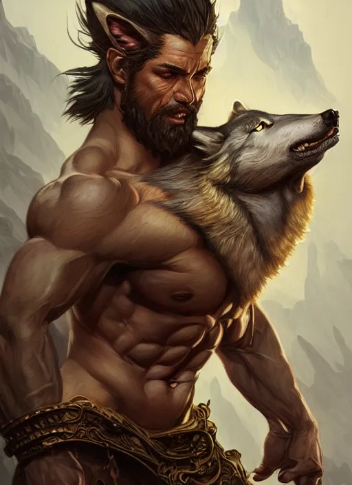 Image similar to portrait of aggressive wolf humanoid, d & d, muscular! fantasy, intricate, elegant, highly detailed, digital painting, artstation, concept art, smooth, sharp focus, illustration, art by artgerm and greg rutkowski and alphonse mucha