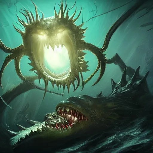 Prompt: a spiky eldritch underwater sea monster with sharp teeth illuminated by a spotlight in the deep dark ocean by Marek Okon, god rays, fantasy art, 4k, HDR, photorealistic, 8k, trending on artstation