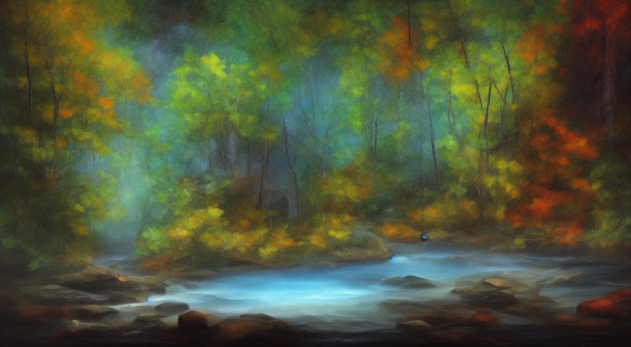 Image similar to A beautiful, highly detailed, very realistic oil painting of a single tree with rainbow leaves, next to a small river, glowing bright blue in the middle of a huge, very dark cave, with lots of dark grey rocks, oil painting by Afremov and Greg Rutkowski.