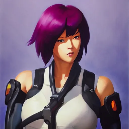 Image similar to greg manchess portrait painting of motoko kusanagi as overwatch character, totally whack, medium shot, asymmetrical, profile picture, organic painting, sunny day, matte painting, bold shapes, hard edges, street art, trending on artstation, by huang guangjian and gil elvgren and sachin teng