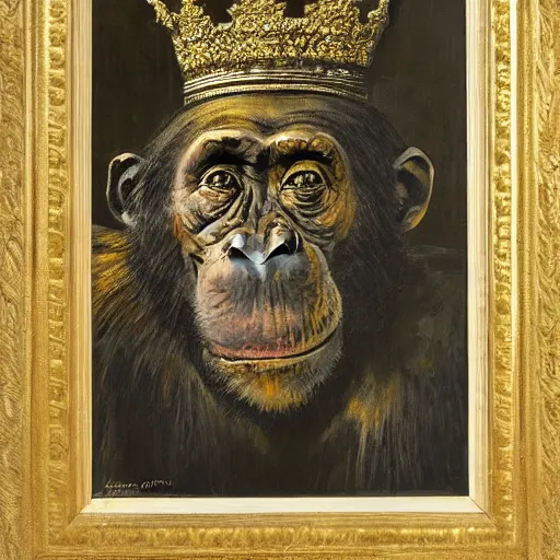 Image similar to A print that features a chimpanzee surrounded by a castle turret. The chimp is shown wearing a crown and holding a scepter, and the castle is adorned with banners. by Maurice Sapiro