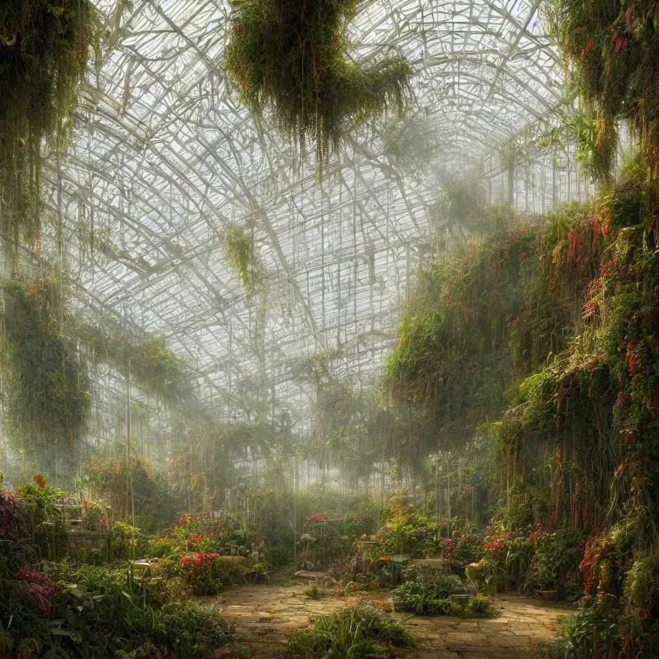 Prompt: a beautiful hyperrealistic detailed matte painting of the inside interior of a greenhouse with overgrown plants, by john howe, lee madgwick, hubert robert, thomas kinkade epic scale ultrawide angle, deviantart, 4 k wallpaper, dawn, warm cinematic volumetric lighting, soft colors, realism, photorealism, photograph