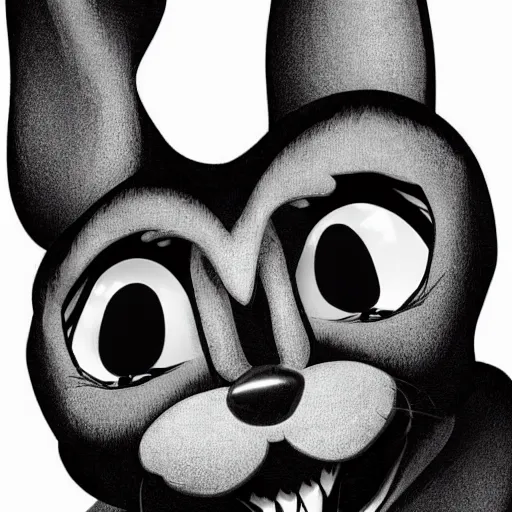 Image similar to A extremely highly detailed majestic hi-res beautiful, highly detailed head and shoulders portrait of a scary terrifying, horrifying, creepy black cartoon rabbit with a bowtie and scary big eyes, earing a shirt laughing, hey buddy, let's be friends, in the style of Walt Disney