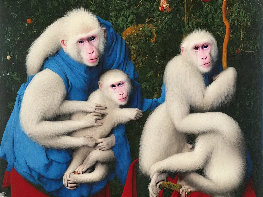 Image similar to Portrait of albino mystic with blue eyes, with exotic beautiful Japanese macaque. Painting by Jan van Eyck, Audubon, Rene Magritte, Agnes Pelton, Max Ernst, Walton Ford