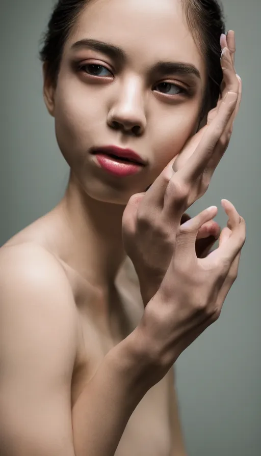 Image similar to FujiFilm X-T3 + XF50-140mm f/1.4 photograph of Arca emerging from fog, Arca mechanical limbs, Arca opal flesh, Arca face portrait with translucent aerogel skin