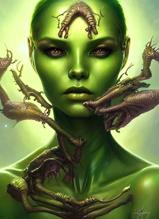 Prompt: a beautiful alien woman with green skin, painted by artgerm and tom bagshaw, fantasy art, dramatic lighting, highly detailed oil painting