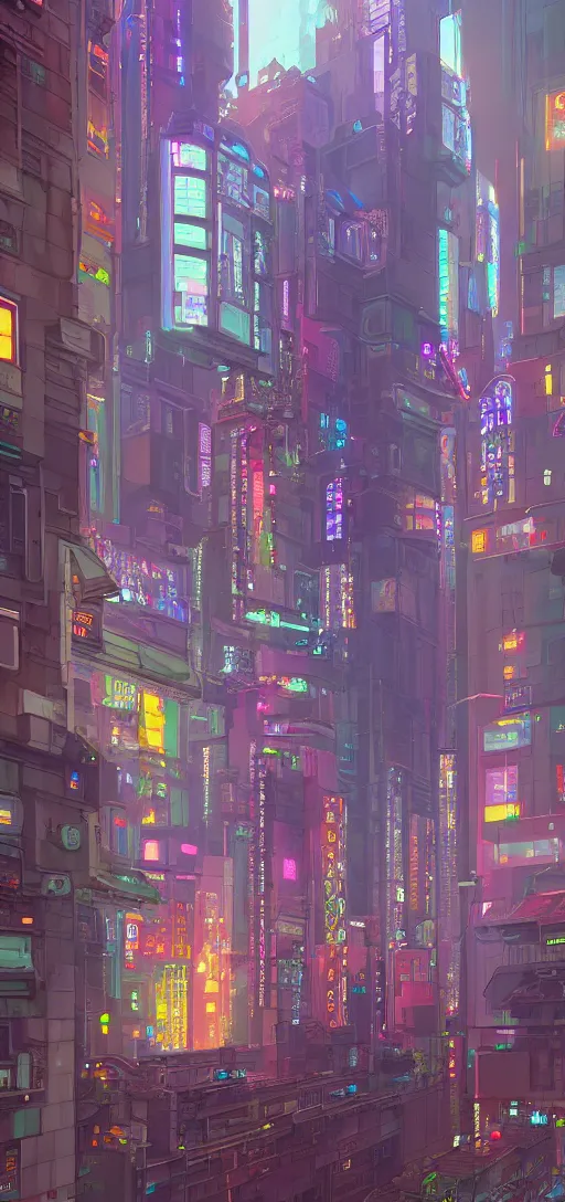 Image similar to A beautiful painting of the most emblematic facade of a cyberpunk gotic, pixelart by Studio Ghibli and Moebius, octane render, zbrush, extremely detailed, pastel colors, trending on artstation