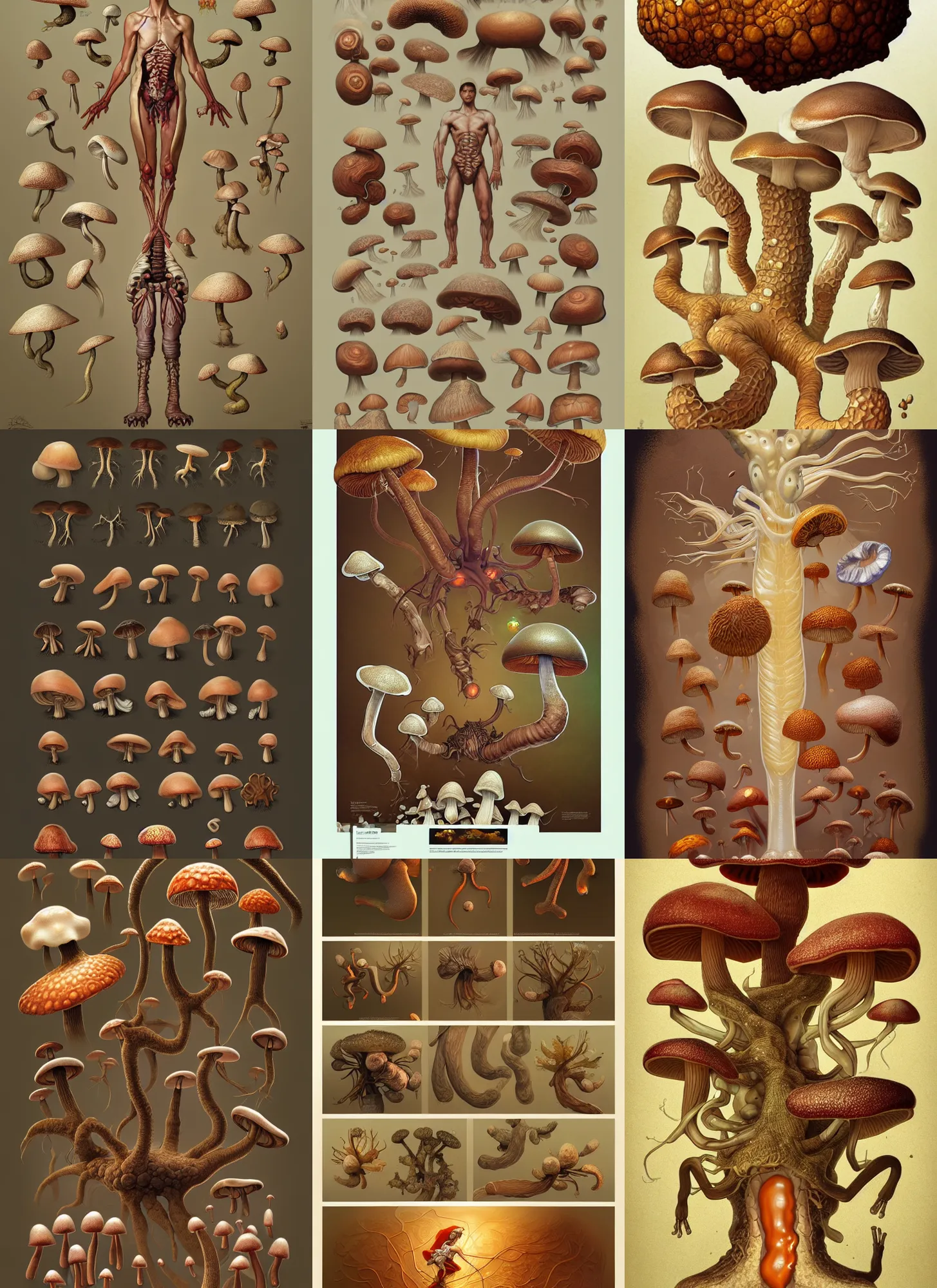 Prompt: magical fungus anatomy sheet on white background, action pose, intricate, highly detailed, digital painting, artstation, concept art, smooth, sharp focus, illustration, art by norman rockwell emiliano ponzi andrey remnev yoann lossel aaron jasinski, 8 k