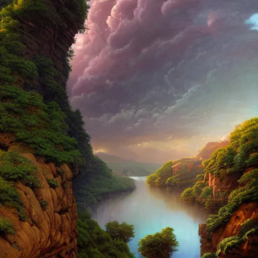 Prompt: Beautiful hyperrealistic detailed matte painting of a Landscape with a view of the river in the Rock Gorge of Love on the Lost Vibes and uncontrolled darkness in distant background, summer, thunderstorm, by andreas rocha and john howe, and Martin Johnson Heade, featured on artstation, featured on behance, golden ratio, ultrawide angle, f32, well composed, cohesive