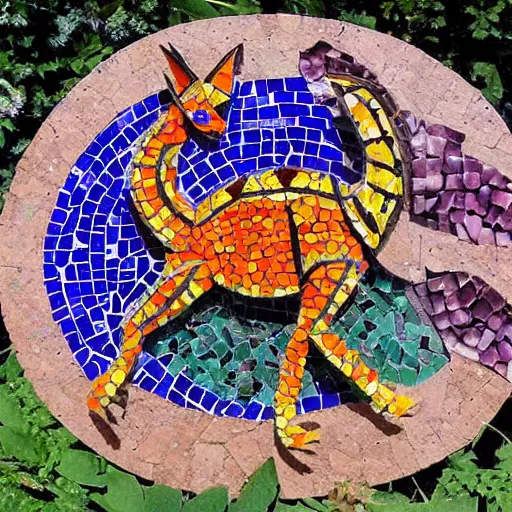 Image similar to mosaic sculpture of a alebrije chimera!!!, irregularly shaped mosaic tiles, hand glazed pottery shards, in a cottagecore flower garden