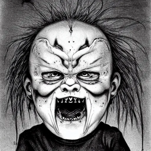 Prompt: grunge drawing of chucky by - Zdzisław Beksiński , loony toons style, horror themed, detailed, elegant, intricate