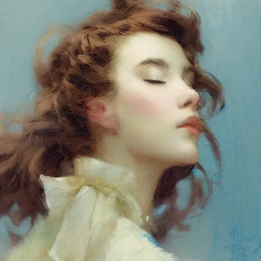 Prompt: a detailed dior portrait of am pretty anime girl, eyes closed, uplight, painting by gaston bussiere, craig mullins, j. c. leyendecker