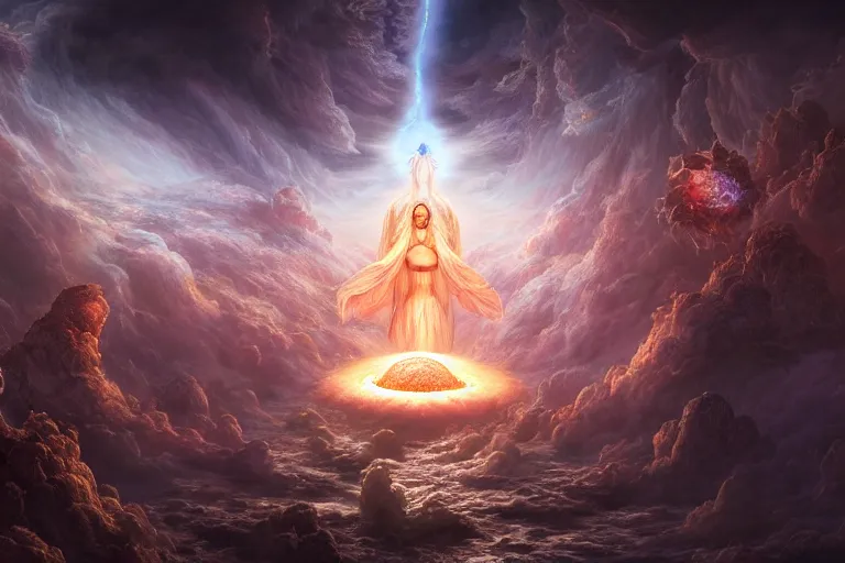 Image similar to a god giving birth to a new universe and then dissolving itself into it, in the style of wlop, illustration, epic, fantasy, hyper detailed, smooth, unreal engine, sharp focus, ray tracing