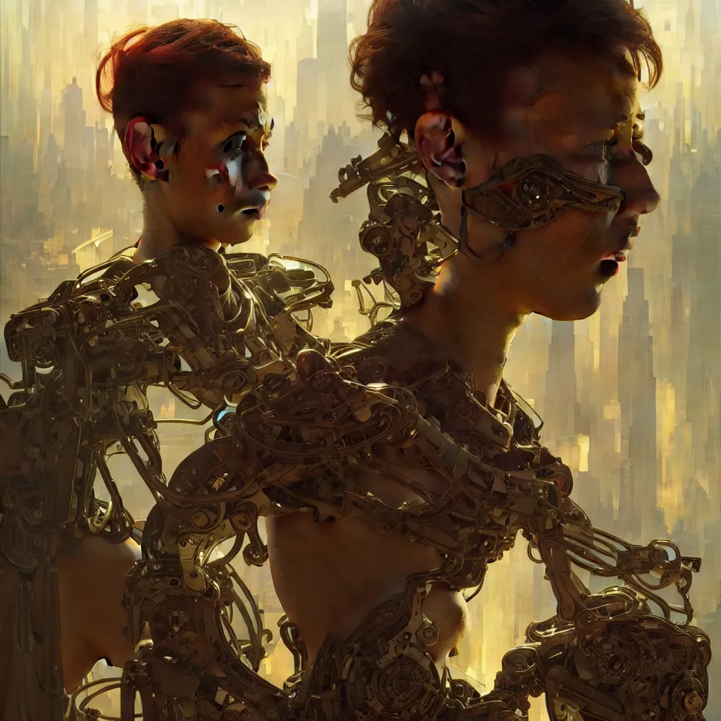 Prompt: portrait of a wounded android refugee in future hong kong, heroic lighting, intricate, elegant, highly detailed, lifelike, photorealistic, digital painting, artstation, illustration, concept art, smooth, sharp focus, art by John Collier and Albert Aublet and Krenz Cushart and Artem Demura and Alphonse Mucha