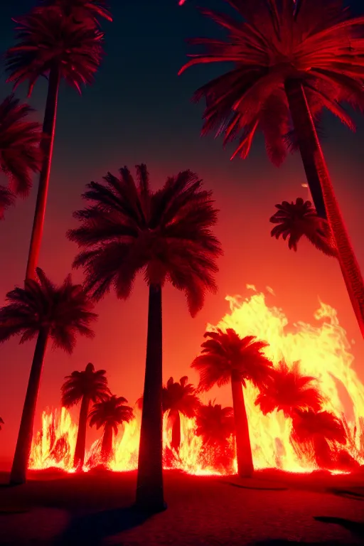 Prompt: hyper-detailed 4K photography Fiery Palm tree lights up black landscape with embers, volumetric lighting, octane render, 4K resolution, trending on artstation, masterpiece