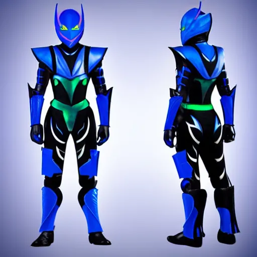 Image similar to High Fantasy Kamen Rider, blue with red secondary color, 4k, glowing eyes, daytime, charcoal color rubber undersuit, dragon inspired armor