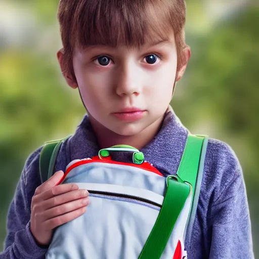 Prompt: realistic portrait 3 5 mm camera shot of a young child with a school bag very detailed, hyperrealistik 4 k